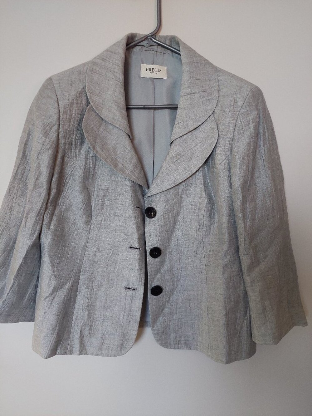 Precis Petite Size 14 Blazer Light Grey or Silver Linen blend ruffled collar